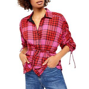NWT Free People Pacific Dawn Drawstring Plaid Peplum Shirt